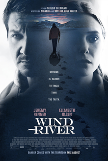 The poster for the movie Wind River featuring a man armed with a rifle walking through a snowy field with his back to us. A woman and man's faces are half shadowed on either side of the poster.