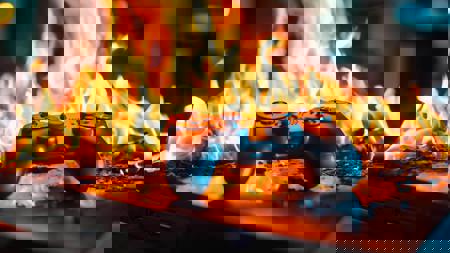 A Game Controller Sitting On Top Of A Laptop Computer On Fire Video