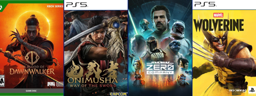 Four video game covers displayed side by side: Xbox Series game The Blood of Dawnwalker, featuring a warrior holding a sword against a fiery orange background; PlayStation 5 game Onimusha: Way of the Sword, showing a sword wielding warrior surrounded by other characters; Star Wars: Zero Company, featuring an ensemble of human, alien, and armored characters against a blue science fiction background; and PlayStation 5 game Marvel’s Wolverine, featuring Wolverine in his yellow and black suit with metal claws extended.
