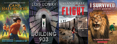 Four juvenile chapter book covers displayed side by side: Camp Half Blood: The Wild Zone by Rick Riordan and Annabelle Oh, showing four young campers exploring a glowing forest; Building 903 by Lois Lowry, featuring a lone figure standing in a doorway at the end of a dark, geometric tunnel; Flight: A Story of Seeking Refuge by Alan Gratz, showing a young person running alongside a moving freight train; and I Survived: The Night of the Lions, 2025 by Lauren Tarshis, featuring a roaring lion in the foreground with a boy running through a grassy landscape behind it.