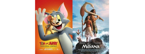 Two juvenile movie covers displayed side by side: Tom and Jerry: Forbidden Compass, featuring the smiling cartoon cat Tom holding Jerry against a bright orange background; and Disney’s Moana, showing Moana, Maui, and other characters standing together amid crashing ocean waves beneath a blue sky.